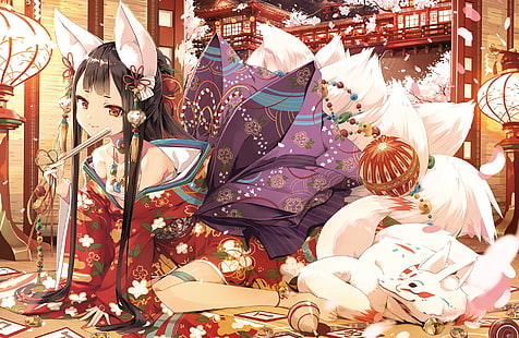 Anime, ragazza, ore di animali, capelli neri, vestiti giapponesi, Kitsune, occhi rossi, Sfondo HD HD wallpaper