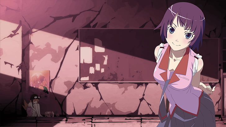 аниме, аниме девушки, школьная форма, Monogatari Series, Senjougahara Hitagi, фиолетовые волосы, короткие волосы, HD обои