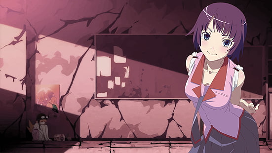uniforme escolar, Senjougahara Hitagi, cabelo curto, série Monogatari, anime meninas, cabelo roxo, anime, HD papel de parede HD wallpaper