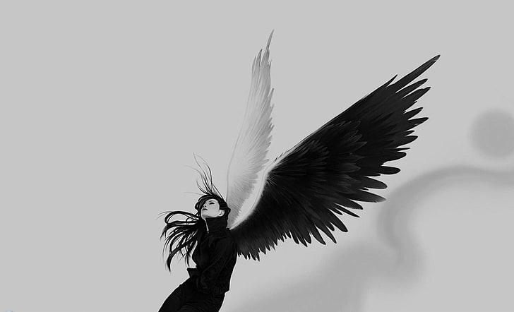 ангел, черно, бяло, крила, HD тапет