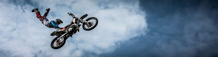 bike, biker, clouds, extreme, jumping, motocross, motorbike, motorcycle, panoramic, person, sky, sport, HD wallpaper