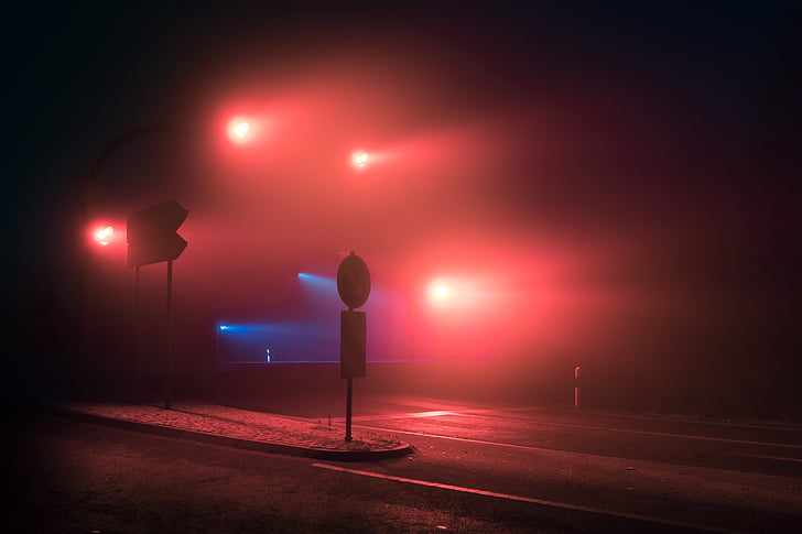 black and red LED light, Traffic lights, Night, Mist, Fog, HD, HD wallpaper