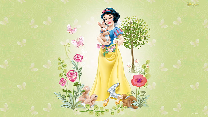 Snow White illustration, animals, girl, flowers, cartoon, friendship, snow white, disney, children's, HD wallpaper