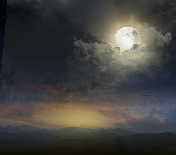 full moon painting, the sky, clouds, landscape, nature, the moon, moon, sky, magic night, full, magical night, HD wallpaper