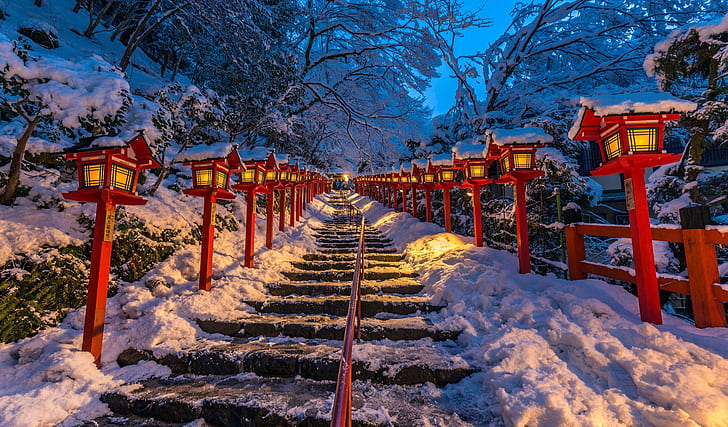 Giappone, luci, scala, Kyoto, santuario di Kifune, Sfondo HD