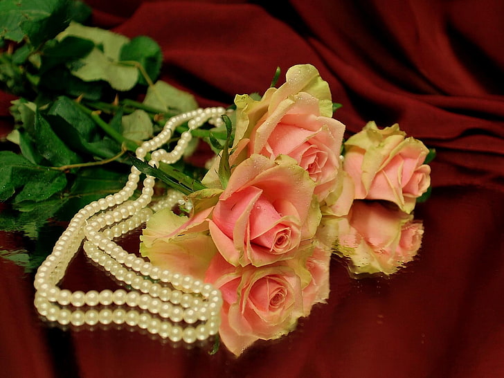 pink rose flower clusters, roses, flowers, three, reflection, beads, pearls, HD wallpaper