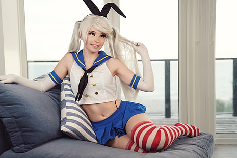  Belle Delphine, women, model, blonde, pigtails, cosplay, Kantai Collection, Shimakaze (Kancolle), bunny ears, anime girls, long hair, looking away, brown eyes, smiling, sailor uniform, elbow gloves, miniskirt, thigh-highs, striped, sitting, belly, portrait, holding hair, indoors, women indoors, HD wallpaper HD wallpaper
