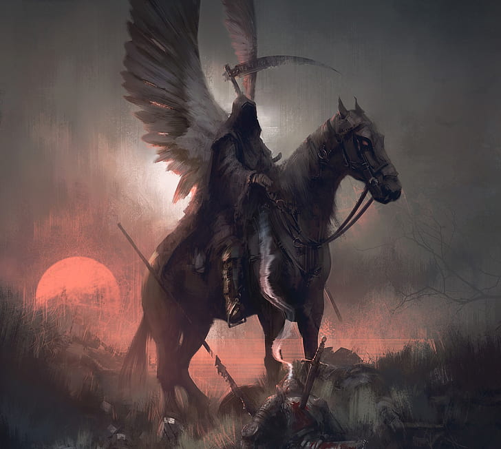 digital art, warrior, horse, sunset, wings, dark fantasy, sword, Joakim Ericsson, HD wallpaper