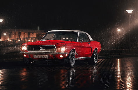 beyaz, kırmızı, yağmur, Mustang, Ford, Otopark, 1967, sokak lambası, yıkayıcılar, HD masaüstü duvar kağıdı HD wallpaper