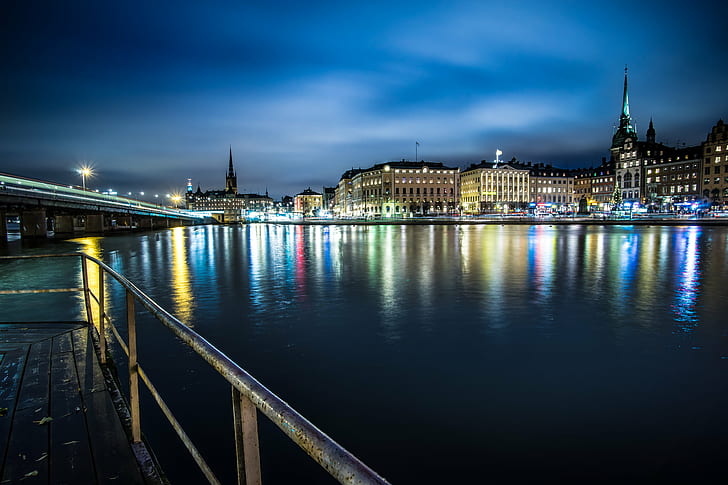 photography of brown concrete buildings near body of water during night time, stockholm, stockholm, Stockholm, skyline, at night, night  photography, brown, concrete, buildings, body of water, night time, city hall, cityscape, clouds, europe, konica minolta, landscape, long exposure, night, photo, photography, sea, sky, sony a7, sweden, trail, travel, river, architecture, famous Place, illuminated, urban Scene, bridge - Man Made Structure, water, reflection, city, dusk, urban Skyline, twilight, HD wallpaper