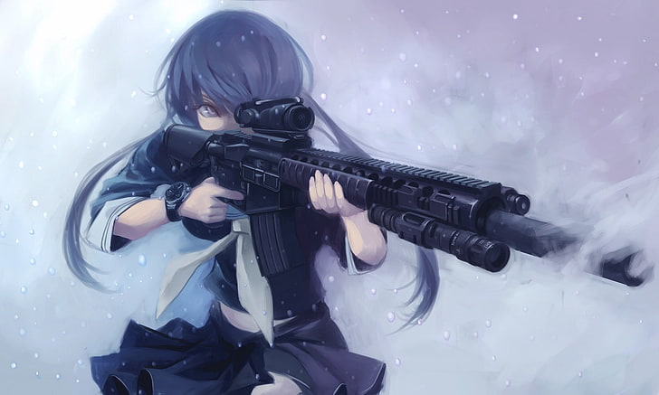 anime girls, personaggi originali, pistola, capelli lunghi, capelli blu, fucile d'assalto, uniforme scolastica, twintails, Sfondo HD