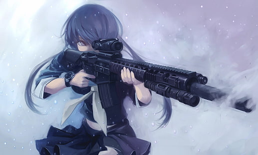 meninas anime, personagens originais, arma, cabelos longos, cabelos azuis, espingarda de assalto, uniforme escolar, twintails, HD papel de parede HD wallpaper