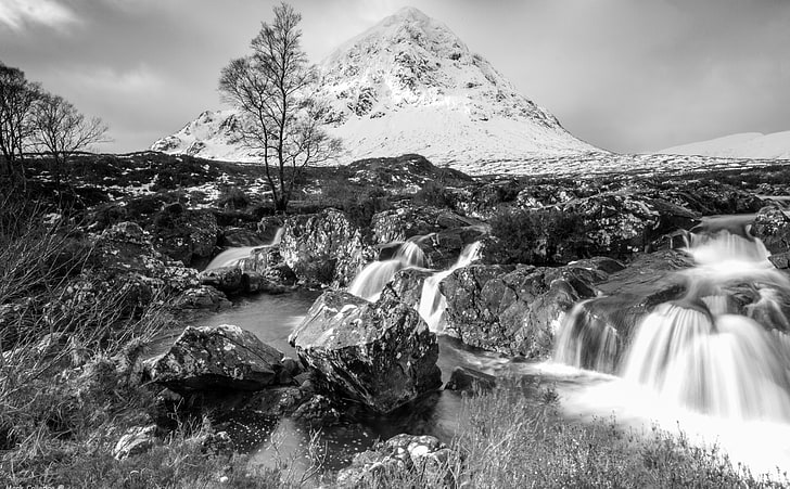 Glen Etive Stags, grayscale photo of river, Black and White, Mountain, scotland, glen etive, HD wallpaper