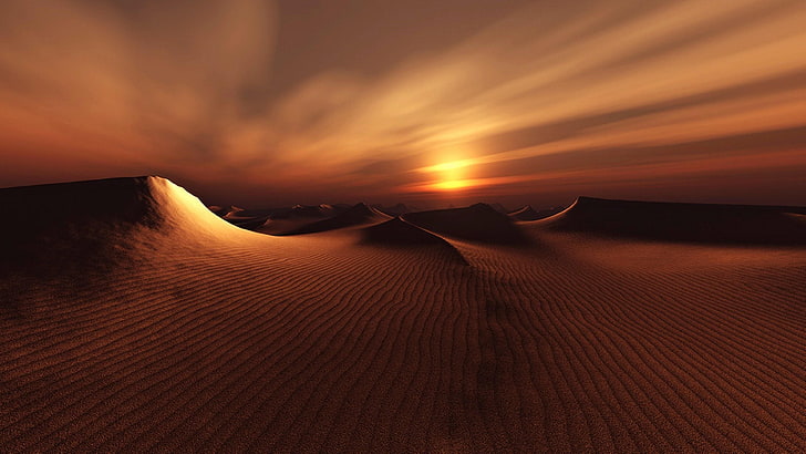 sky, horizon, sand, sand dune, landscape, dunes, desert, sunset, singing sand, dune, HD wallpaper