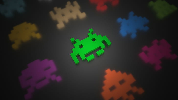 3d, Colorful, Space Invaders, video games, Voxels, HD wallpaper