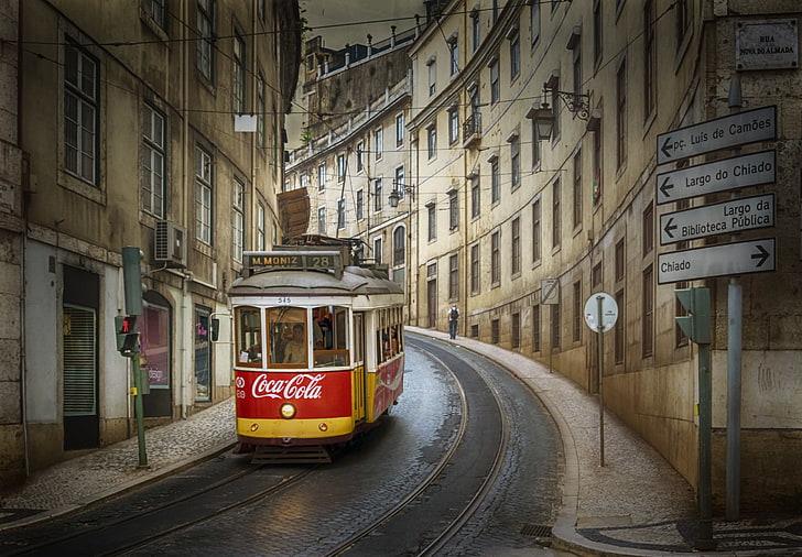 Paesaggio urbano, coca cola, Lisbona, Portogallo, tram, Sfondo HD