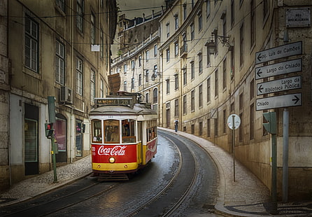 Paesaggio urbano, coca cola, Lisbona, Portogallo, tram, Sfondo HD HD wallpaper