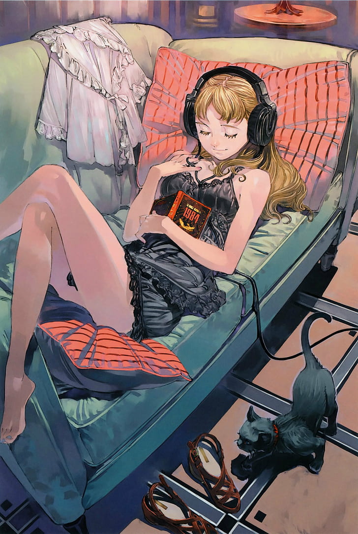 animal, anime, book, cat, girl, headphones, mood, HD wallpaper