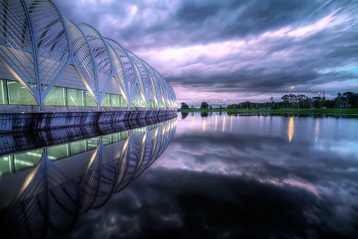 gray metal framed structure under gray sky during night time, florida, florida, Florida, metal, framed, structure, night time, Polytechnic, HDR, Purple, Sky, IST, Information  Science, Technology, Photography, Club, architecture, reflection, night, famous Place, river, HD wallpaper