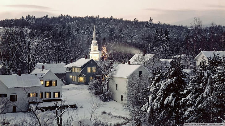 Winter Village Scene, светлини, църква, Коледа, коледно дърво, къщи, сняг, зима, 3d и абстрактно, HD тапет