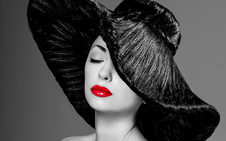 Topi Rambut, cantik, anggun, hitam, merah, bibir, Wallpaper HD