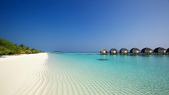 summer, ocean, shore, holiday, blue sky, exotic, beach, sandy beach, white sand, bungalows, HD wallpaper HD wallpaper