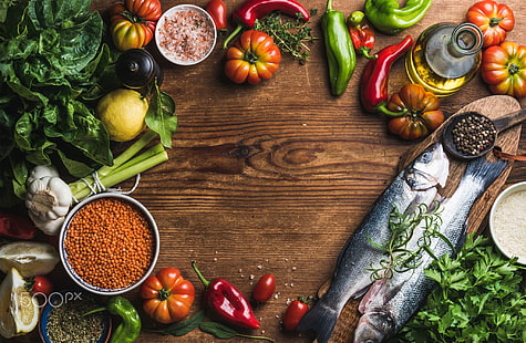 varietà di verdure, pesce, tavola, cibo, verdure, condimenti, Sfondo HD HD wallpaper