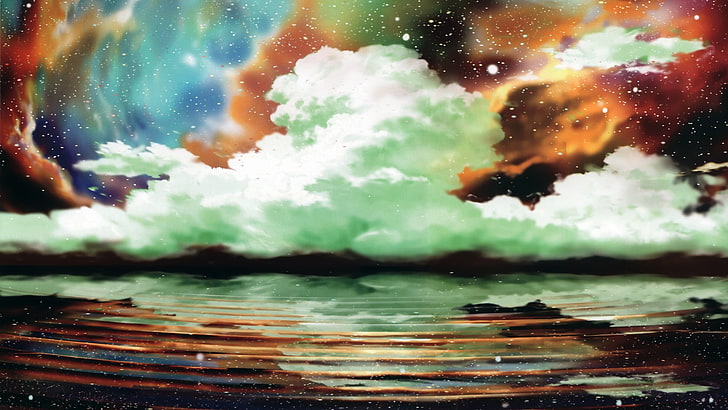 อะนิเมะ, ธรรมชาติ, เมฆ, น้ำ, ศิลปะดิจิตอล, ท้องฟ้า, วอลล์เปเปอร์ HD