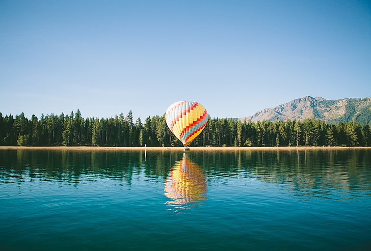 balloon, landscape, river, mountains, trees, hot air balloons, South Lake Tahoe, lake, reflection, sky, USA, forest, HD wallpaper