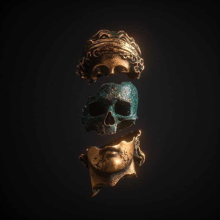 Apashe, cráneo, oro, negro, fondo negro, escultura, Fondo de pantalla HD