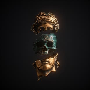  Apashe, skull, gold, black, black background, sculpture, HD wallpaper HD wallpaper
