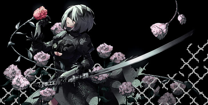 Nier: Automata, 2B (Nier: Automata), anime girls, flowers, plants, sword, weapon, anime, fantasy girl, HD wallpaper