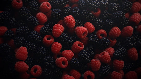 manojo de frutas de frambuesa y mora, fruta, frambuesa, comida, bayas, macro, Fondo de pantalla HD HD wallpaper
