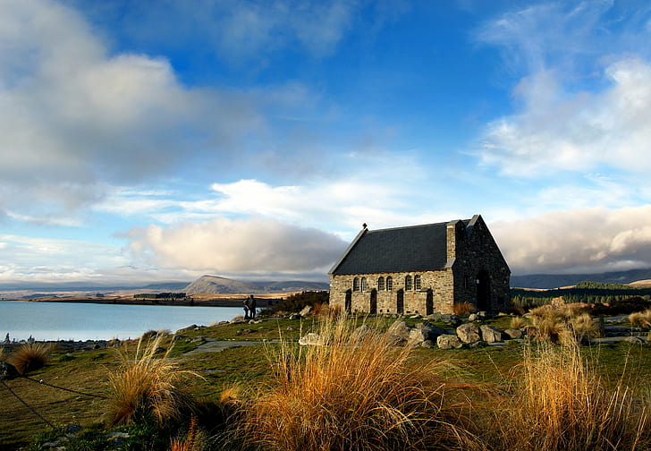 landscape photography of stone wall house next to body of water, lake tekapo, nz, lake tekapo, nz, Church, Good, Sheperd, Lake Tekapo, NZ, landscape photography, stone wall, wall house, next, body of water, South Island, New Zealand, cloudy, day, Architecture, Places of worship, Holy places, Public Domain, Dedication, CC0, geo tagged, photos, iceland, nature, HD wallpaper