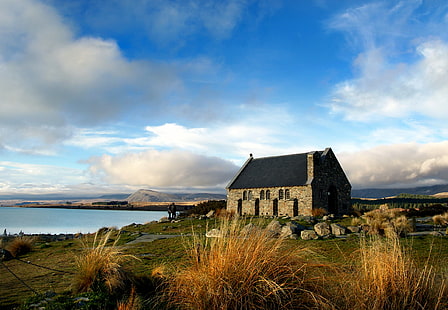 landscape photography of stone wall house next to body of water, lake tekapo, nz, lake tekapo, nz, Church, Good, Sheperd, Lake Tekapo, NZ, landscape photography, stone wall, wall house, next, body of water, South Island, New Zealand, cloudy, day, Architecture, Places of worship, Holy places, Public Domain, Dedication, CC0, geo tagged, photos, iceland, nature, HD wallpaper HD wallpaper