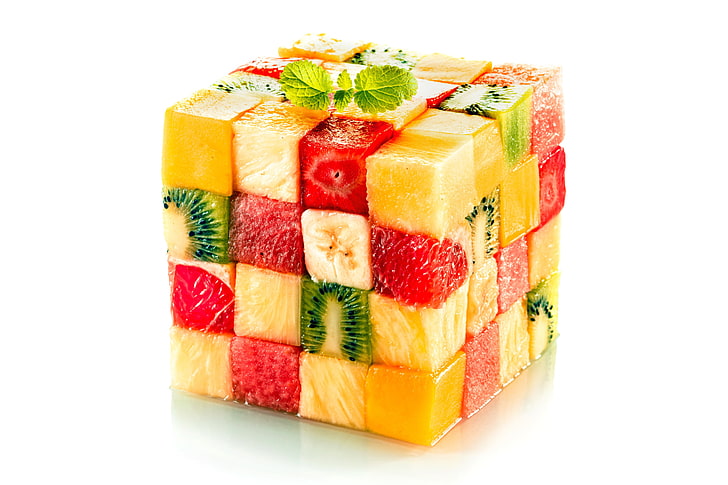 owoce w kostce, owoce w kształcie kostki w plasterkach, owoce, kiwi, jedzenie, ananasy, truskawki, kostka Rubika, miłość, Tapety HD