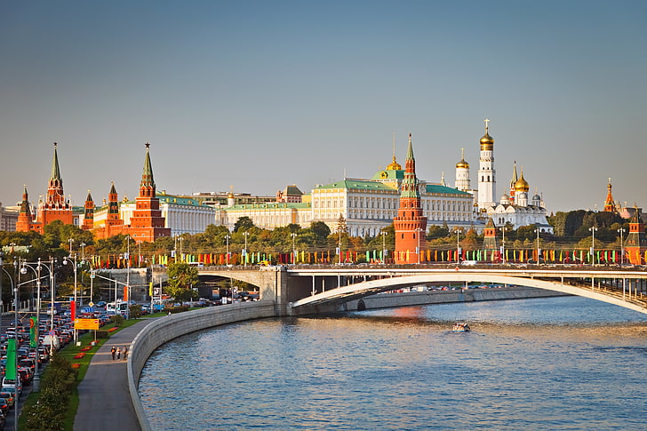 серый бетонный мост, мост, москва, кремль, набережная, река Москва, HD обои