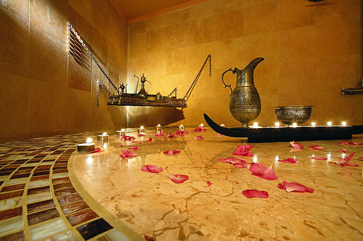 candles, petals, Spa, tray, kushina, HD wallpaper