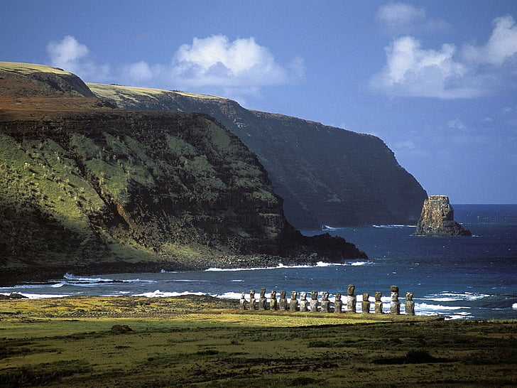 costa, páscoa, ilha, paisagens, moai, natureza, HD papel de parede