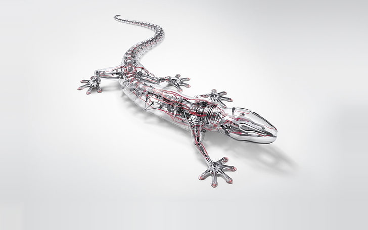 silver-colored lizard decor, silver-colored gecko model, digital art, technology, electricity, animals, CGI, lizards, white background, transparency, HD wallpaper
