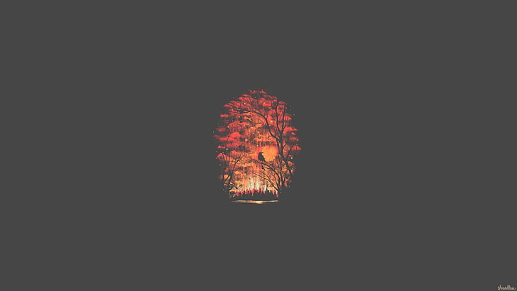 Ilustración del árbol de naranja, pintura del árbol rojo y marrón, simple, minimalismo, bosque, obras de arte, arte de fantasía, fondo simple, pájaros, arte digital, Fondo de pantalla HD