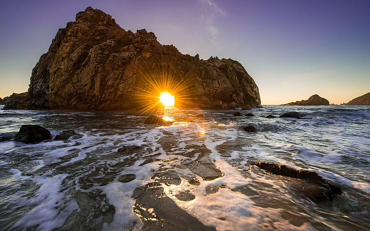 krajobraz, przyroda, zachód słońca, morze, fale, światło słoneczne, skała, Pfeiffer Beach w Kalifornii, Tapety HD