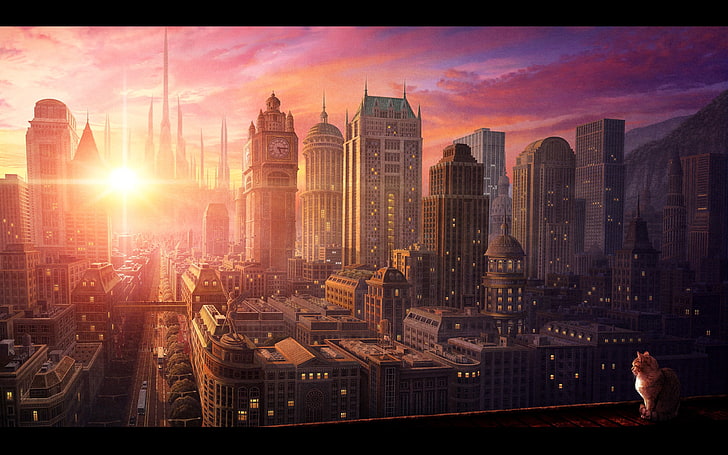 日の出、アニメ、都市景観、建築中に都市の風景を見る、 HDデスクトップの壁紙