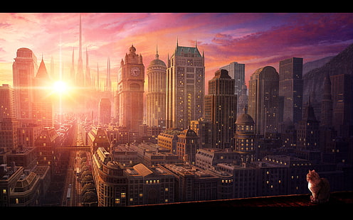 widok krajobrazu miasta podczas wschodu słońca, anime, pejzaż miejski, architektura, Tapety HD HD wallpaper