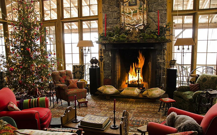 fir, fireplace backgrounds, christmas, Home, comfort, armchairs, HD wallpaper