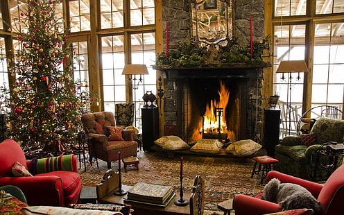 fir, fireplace backgrounds, christmas, Home, comfort, armchairs, HD wallpaper HD wallpaper