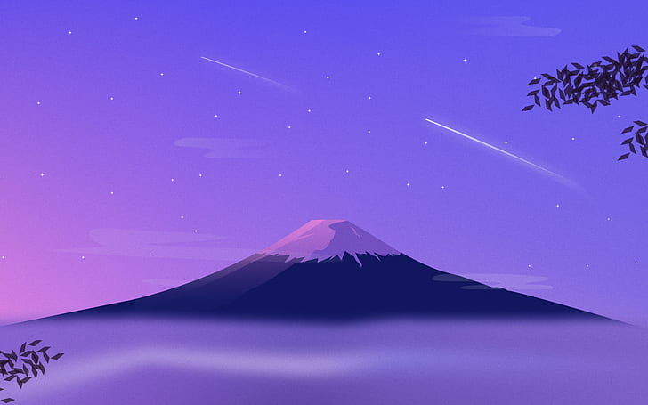 sztuka cyfrowa, minimalizm, natura, krajobraz, góra Fuji, Japonia, zaśnieżony szczyt, gwiaździsta noc, liście, mgła, gwiazdy, uśmiech, Tapety HD