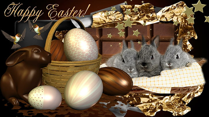Easter Bunnys, easter, bunny, stars, eggs, gold, rabbits, brown, chocolate, 3d and abstract, HD wallpaper