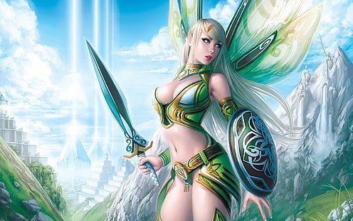 Fantasy, Women Warrior, Blonde, Elf, Fairy, Shield, Sword, Wings, Woman Warrior, HD wallpaper HD wallpaper