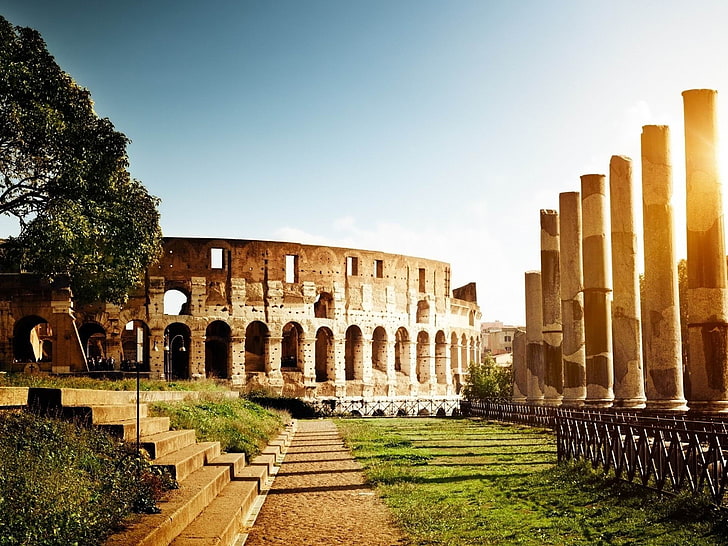 italy rome colosseum light tower ruins-Cities land.., brown concrete dome, HD wallpaper